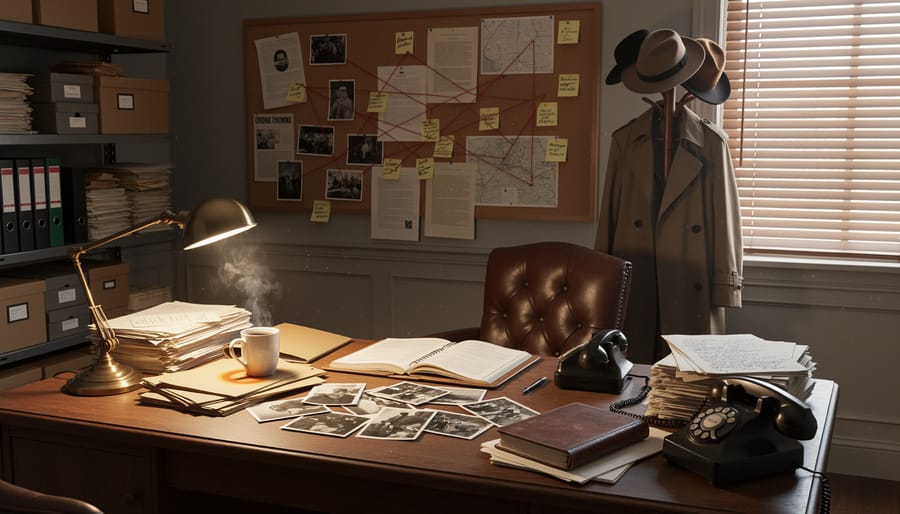 A detective’s desk with a magnifying glass, notebook, and pocket watch under soft daylight.