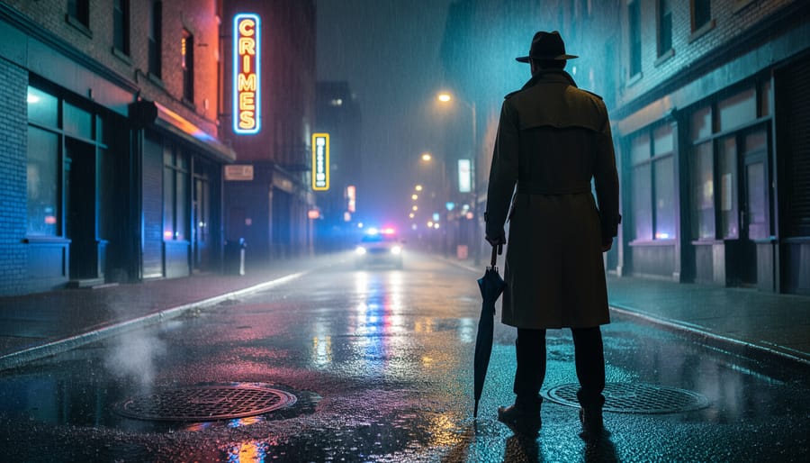 An investigator silhouette on a rain-wet Canadian street at night with reflective streetlights.
