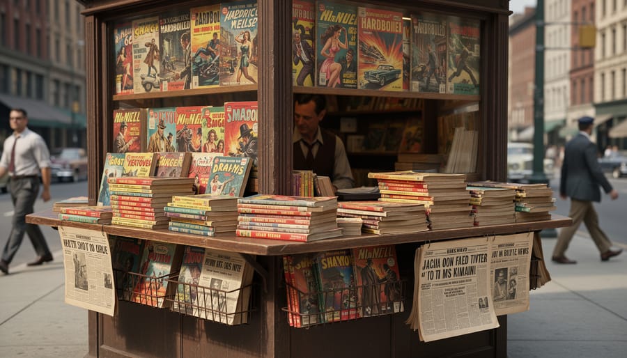 Crowded newsstand with thick pulp magazines and a hand reaching for a stack of periodicals