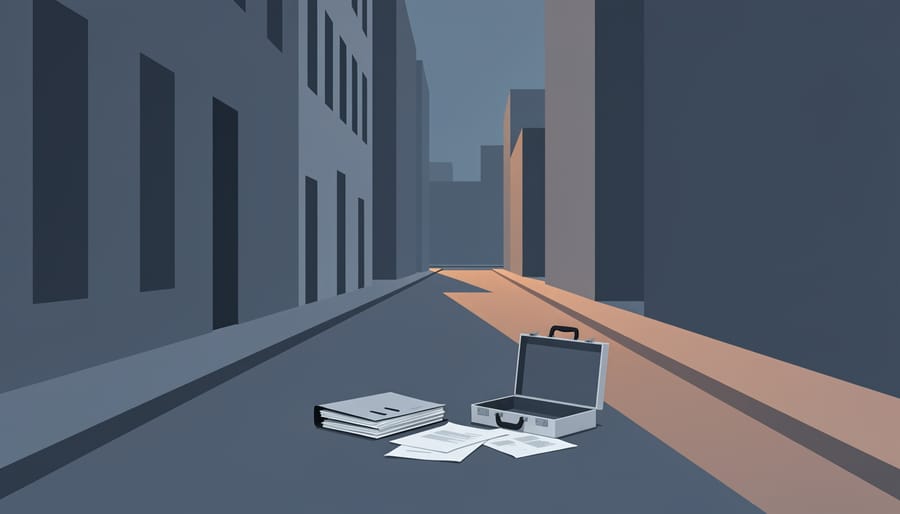 Foggy noir alley with an umbrella and a torn folder on wet cobblestones under a distant streetlight glow