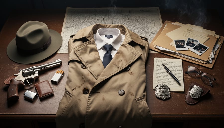 Leather trench coat and fedora with magnifying glass and fountain pen on a wooden desk under warm lamplight
