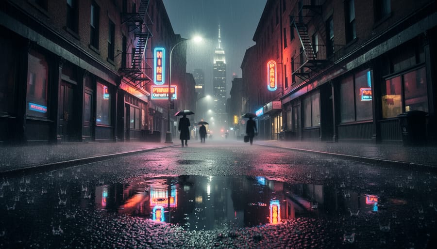 Rain-soaked noir city street with a vintage doorway and neon reflections on wet pavement