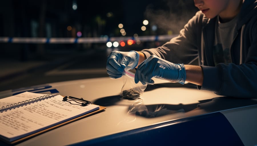 Hands holding a small evidence bag under a streetlight in foggy night conditions