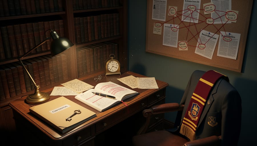 Desk lamp lighting a study with old books, brass compass, and a blazer draped over a chair