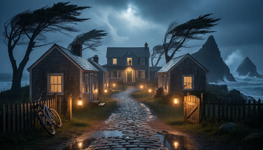 Rain-slick walkway with a flickering lantern and empty island resort gate at night