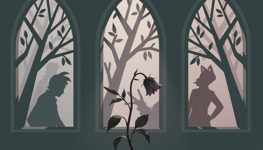 Wilted botanical stem in a glass vase casting shadows through cracked stained-glass windows