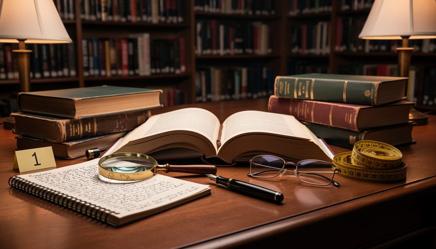 Close view of a library desk with detective novels, a magnifying glass, and a fountain pen.