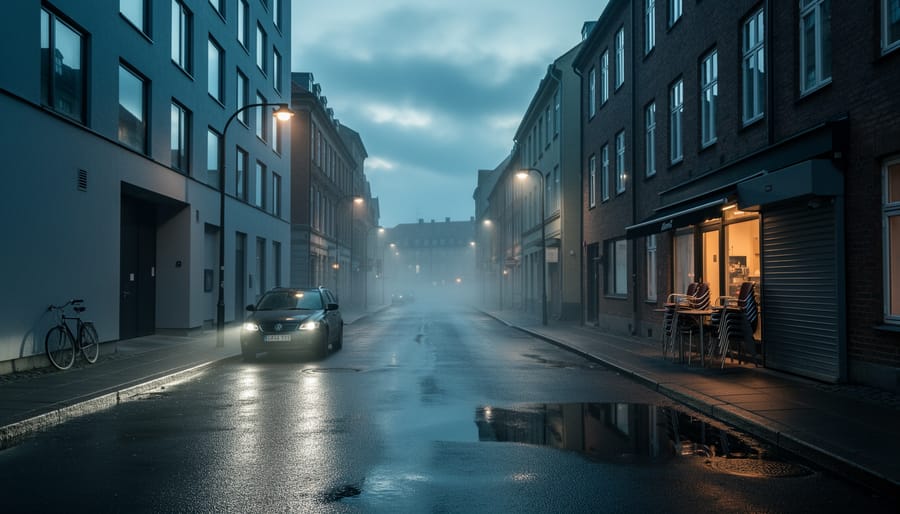 Rainy Nordic street scene with a detective coat on a bench beside a streetlight and a faint umbrella.