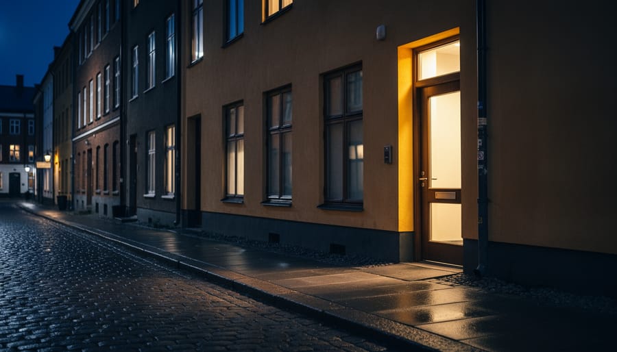 Night exterior of a modern Scandinavian police station with a softly lit entrance and wet pavement reflections.
