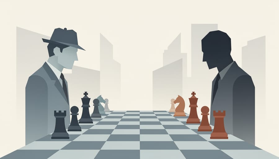 Close-up of chess pieces facing each other with a blurred magnifying glass and evidence in the background