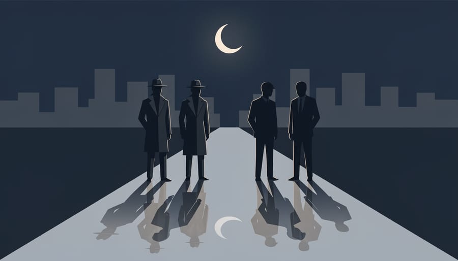 Silhouette of a detective reflected in a car window at night with blurred streetlights in the background