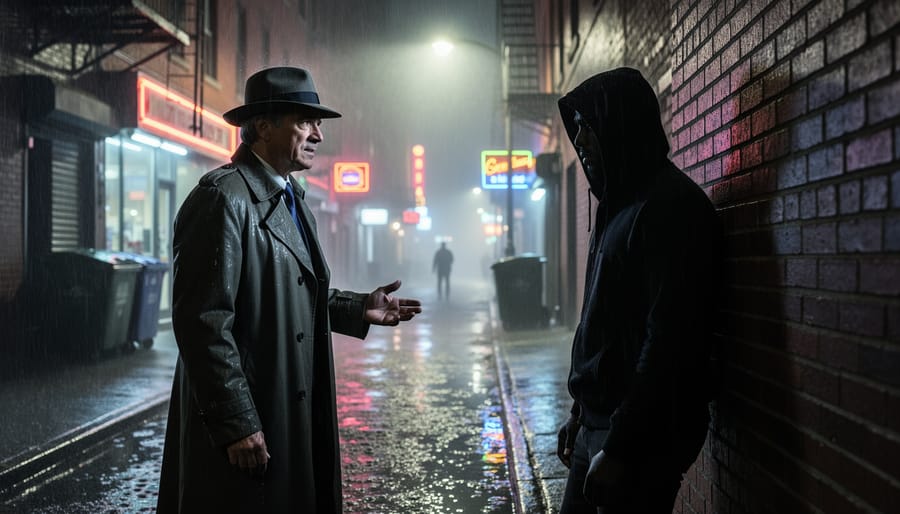 Detective shining a flashlight in a misty alley while a suspect moves away on wet pavement