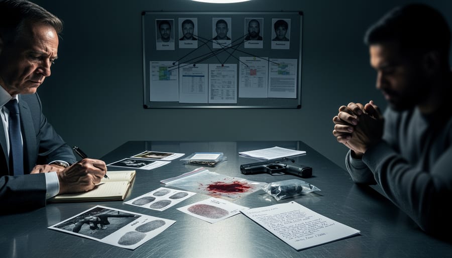 Gloved hand placing a sealed evidence bag on a desk next to a notebook and magnifying glass