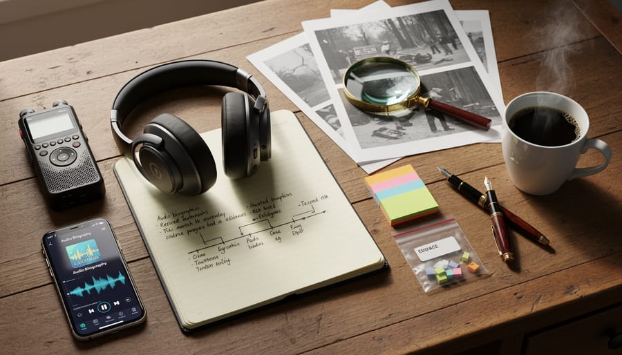 Magnifying glass and gloves beside a dossier folder in a softly lit investigation setting