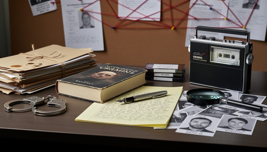 Antique handcuffs, a leather notebook, and a fedora on a wooden table in moody lighting